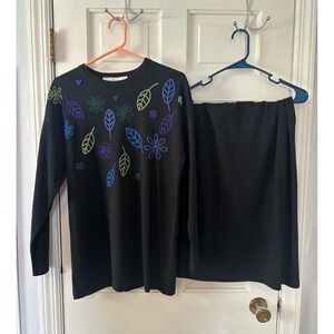 Liz Claiborne Dress Set Black Floral Wool Blend Embroidery Sweater Top/ Skirt  M